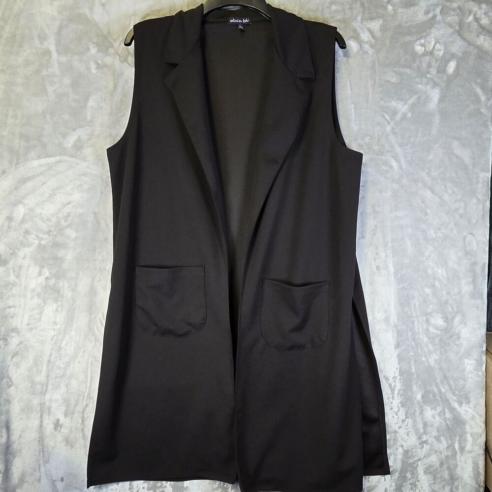 Olivia Blu Vest Open Front Cardigan Duster Womens Black Large Pockets